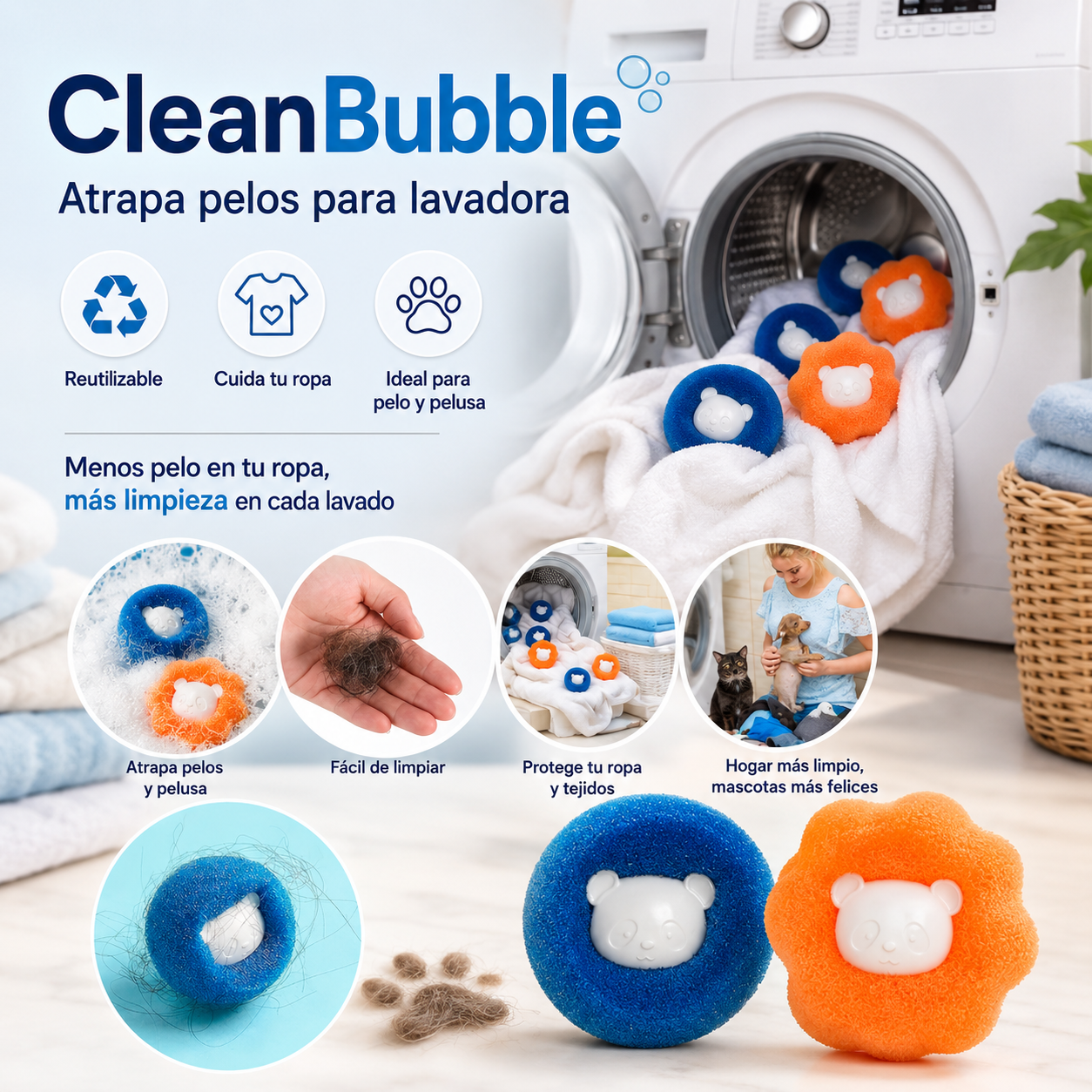 CleanBubble - Burbujas atrapapelos para lavadora (paquete x4)