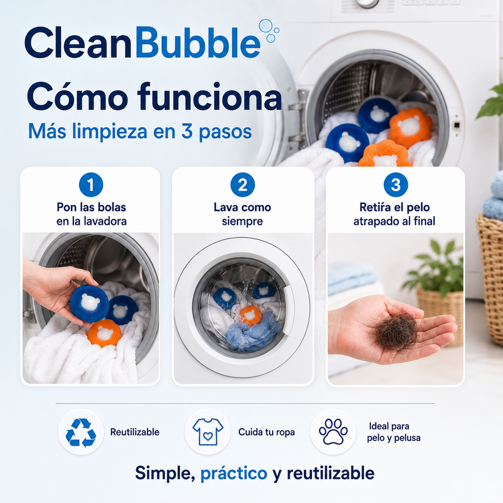 CleanBubble - Burbujas atrapapelos para lavadora (paquete x4)