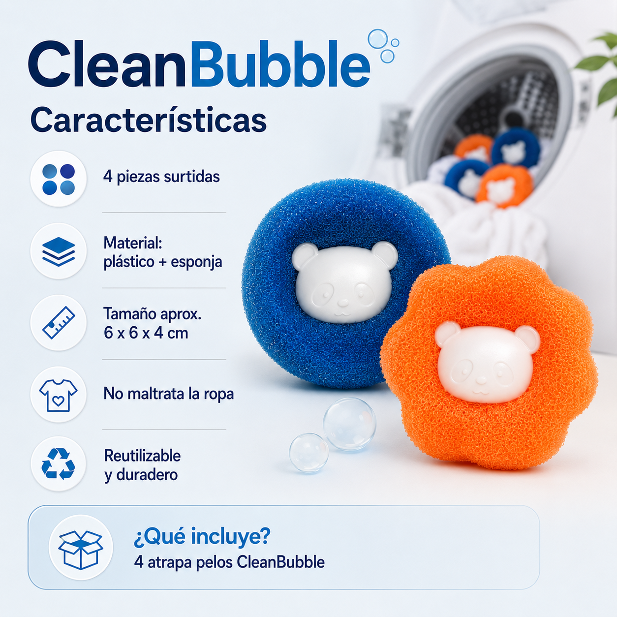 CleanBubble - Burbujas atrapapelos para lavadora (paquete x4)