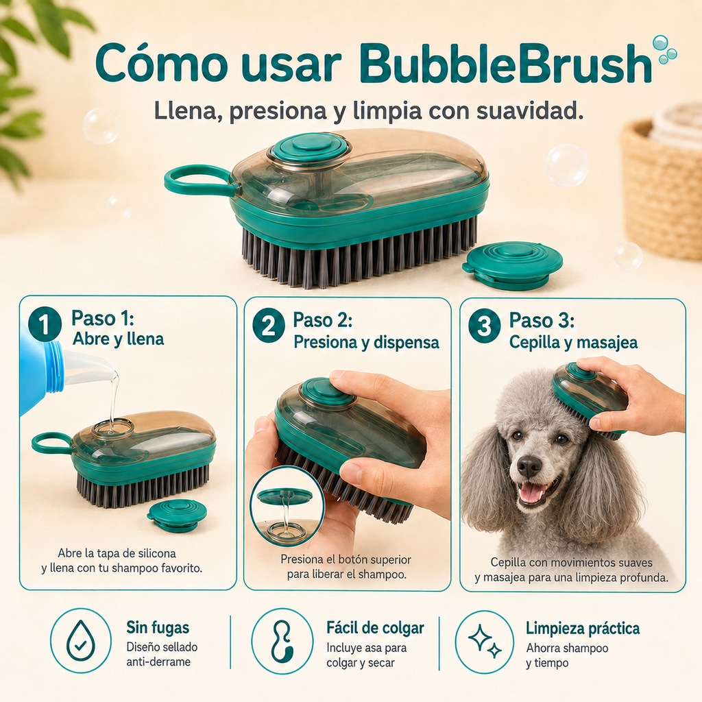 BubbleBrush - Cepillo de baño con dispensador de shampoo